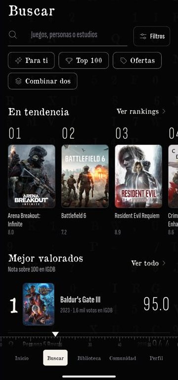 Pantalla de búsqueda con juegos en tendencia y los mejor valorados