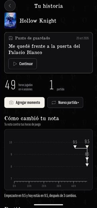 Pantalla de Qritico con el diario de Hollow Knight: punto de guardado, 49 horas jugadas y cómo cambió la nota